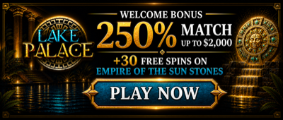 Lake Palace welcome bonus: 250% match up to $2,000 plus 30 free spins on Empire of the Sun Stones