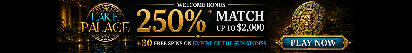 Lake Palace welcome bonus: 250% match up to $2,000 plus 30 free spins on Empire of the Sun Stones