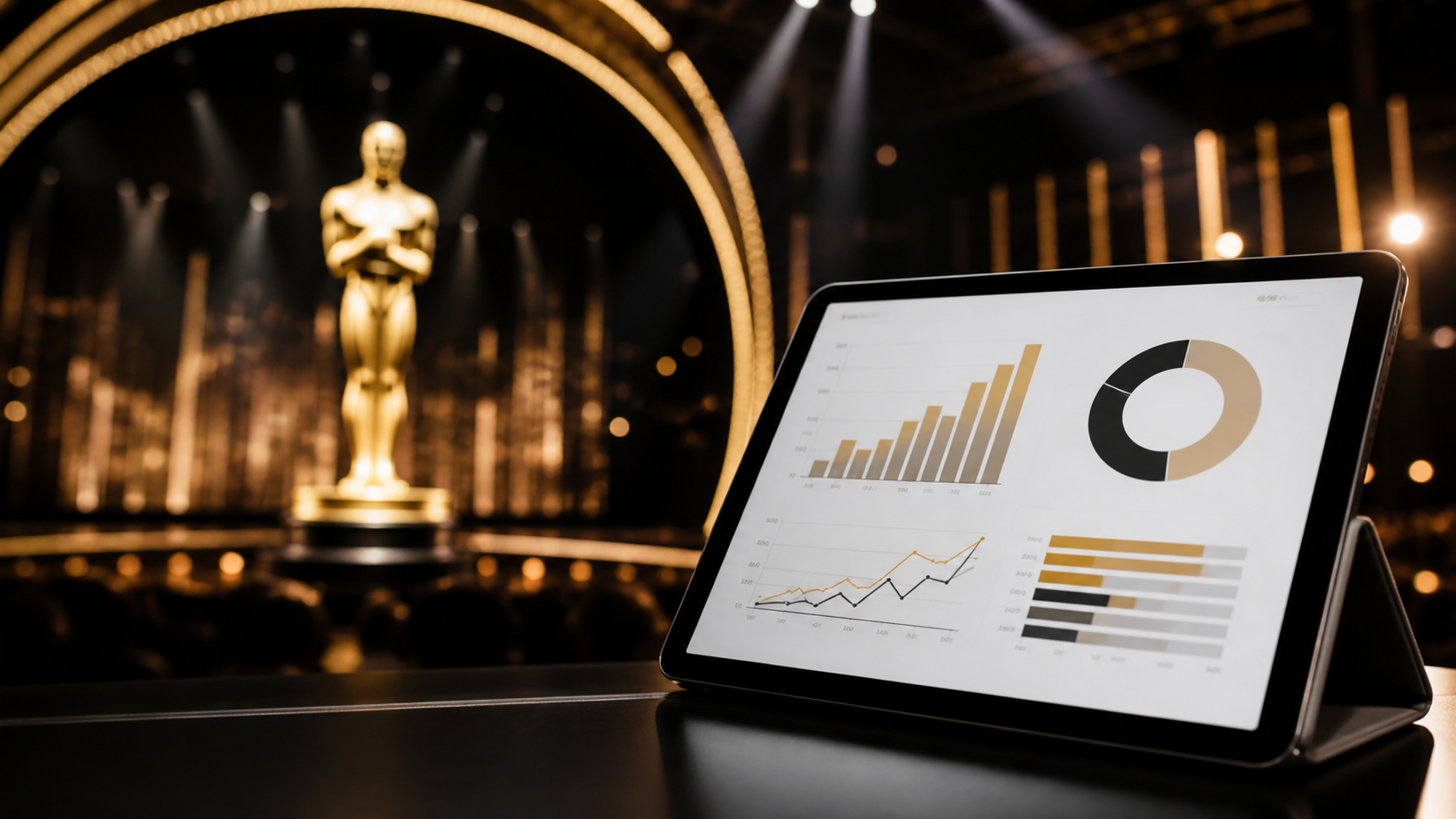 Film awards stage with neutral prediction market lighting