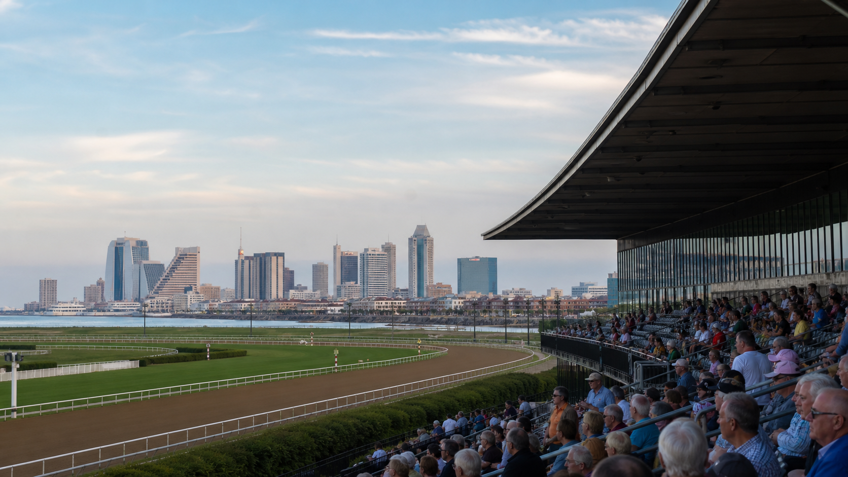 New Jersey racetrack grandstand with a distant casino skyline