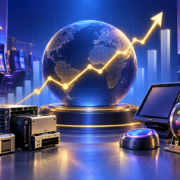 Editorial illustration of a gaming-equipment market index and casino technology