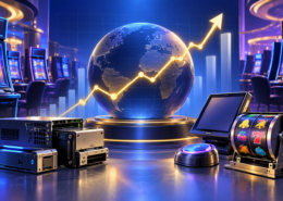 Editorial illustration of a gaming-equipment market index and casino technology