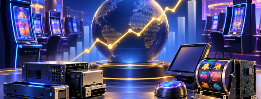 Editorial illustration of a gaming-equipment market index and casino technology