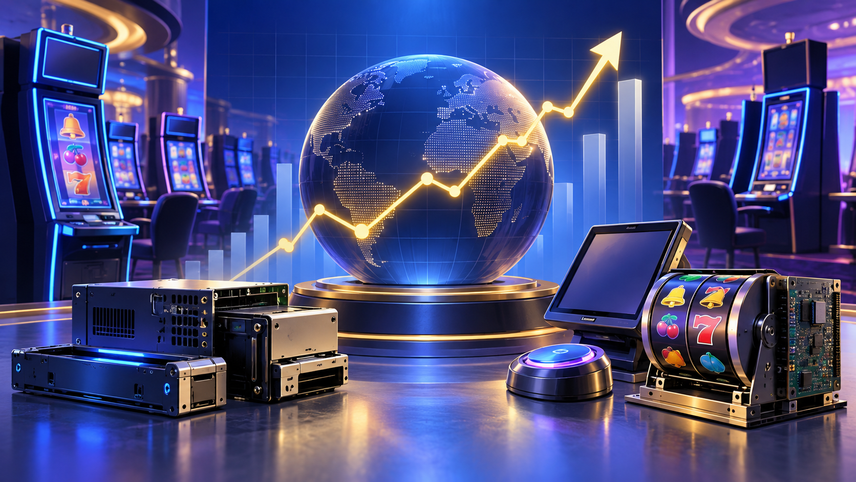 Editorial illustration of a gaming-equipment market index and casino technology