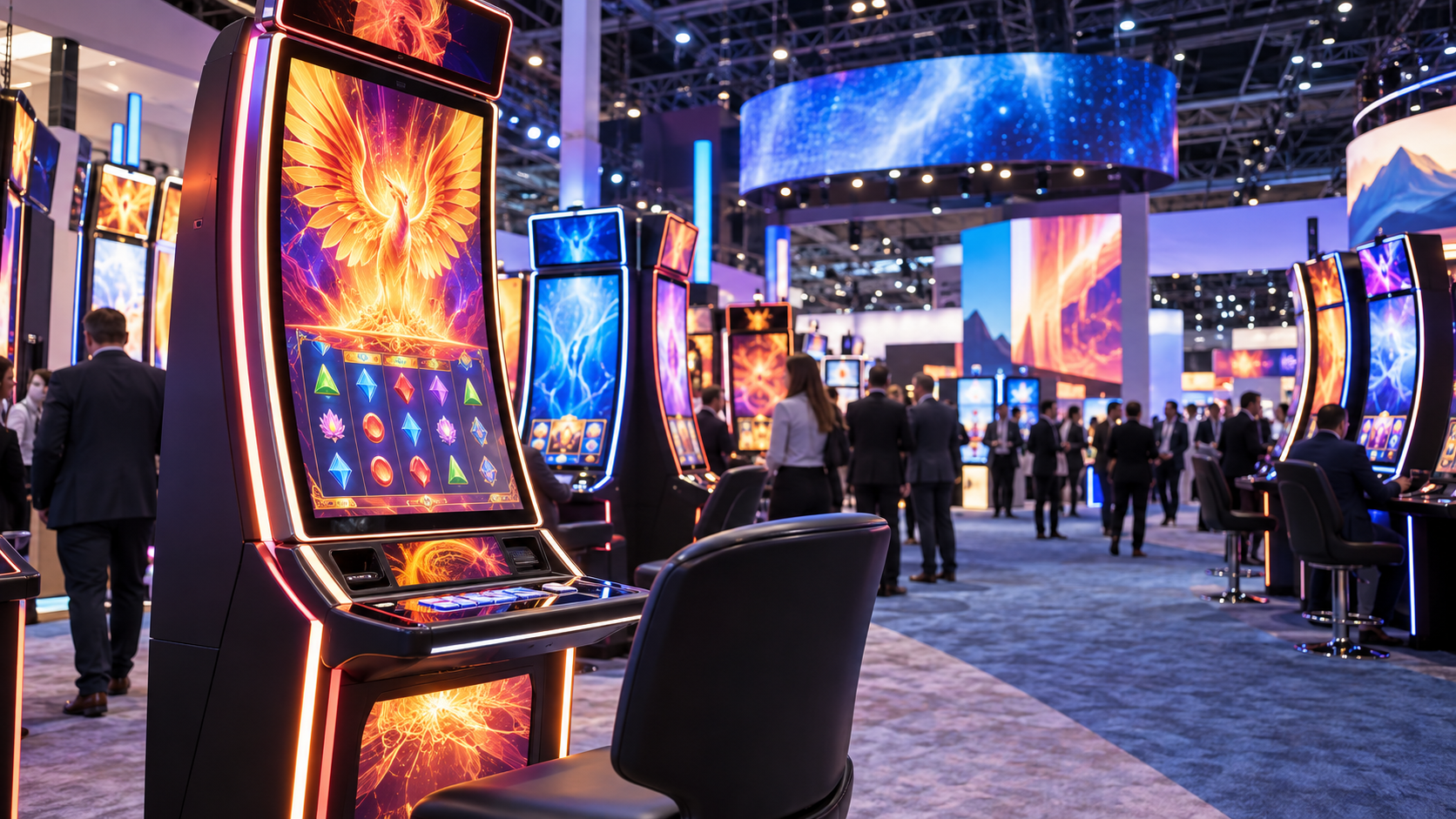 Editorial illustration of Aristocrat casino games, new cabinets, and a Las Vegas gaming expo