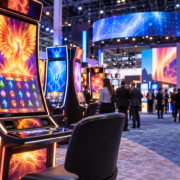 Editorial illustration of Aristocrat casino games, new cabinets, and a Las Vegas gaming expo