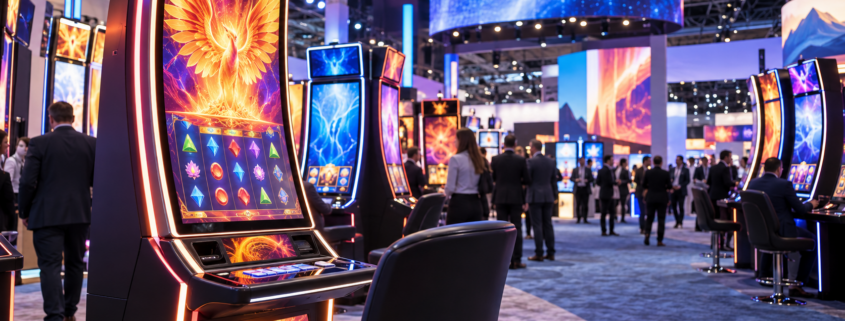 Editorial illustration of Aristocrat casino games, new cabinets, and a Las Vegas gaming expo