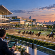 Editorial illustration of Belmont Park redevelopment, horse racing, sports betting, and a New York venue