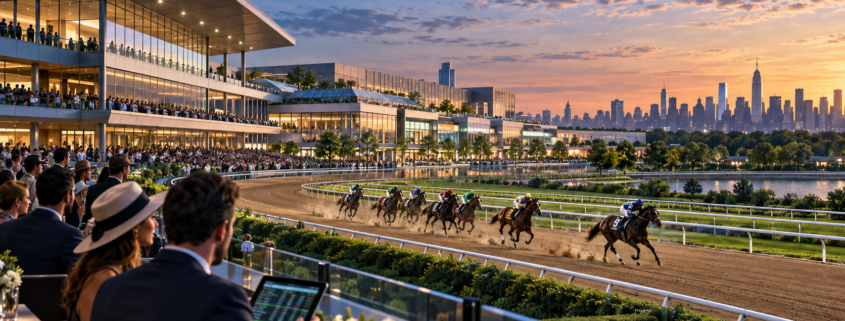 Editorial illustration of Belmont Park redevelopment, horse racing, sports betting, and a New York venue
