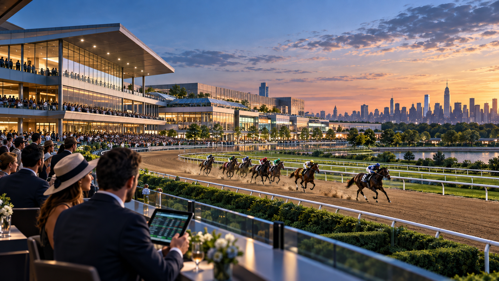 Editorial illustration of Belmont Park redevelopment, horse racing, sports betting, and a New York venue
