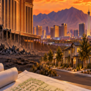 Editorial illustration of a former casino site, Las Vegas housing development, and property approvals
