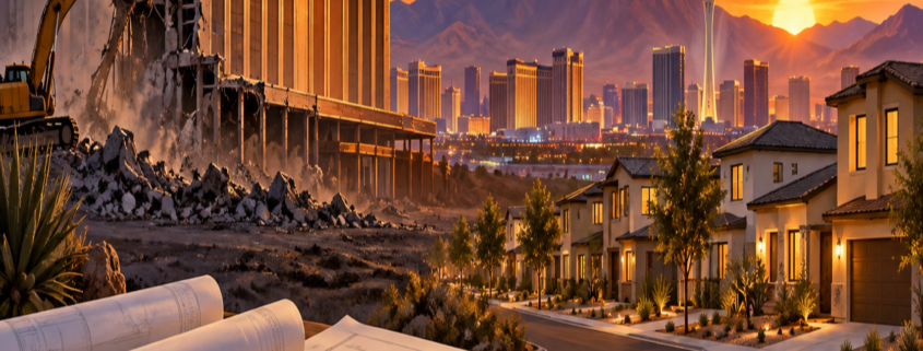 Editorial illustration of a former casino site, Las Vegas housing development, and property approvals