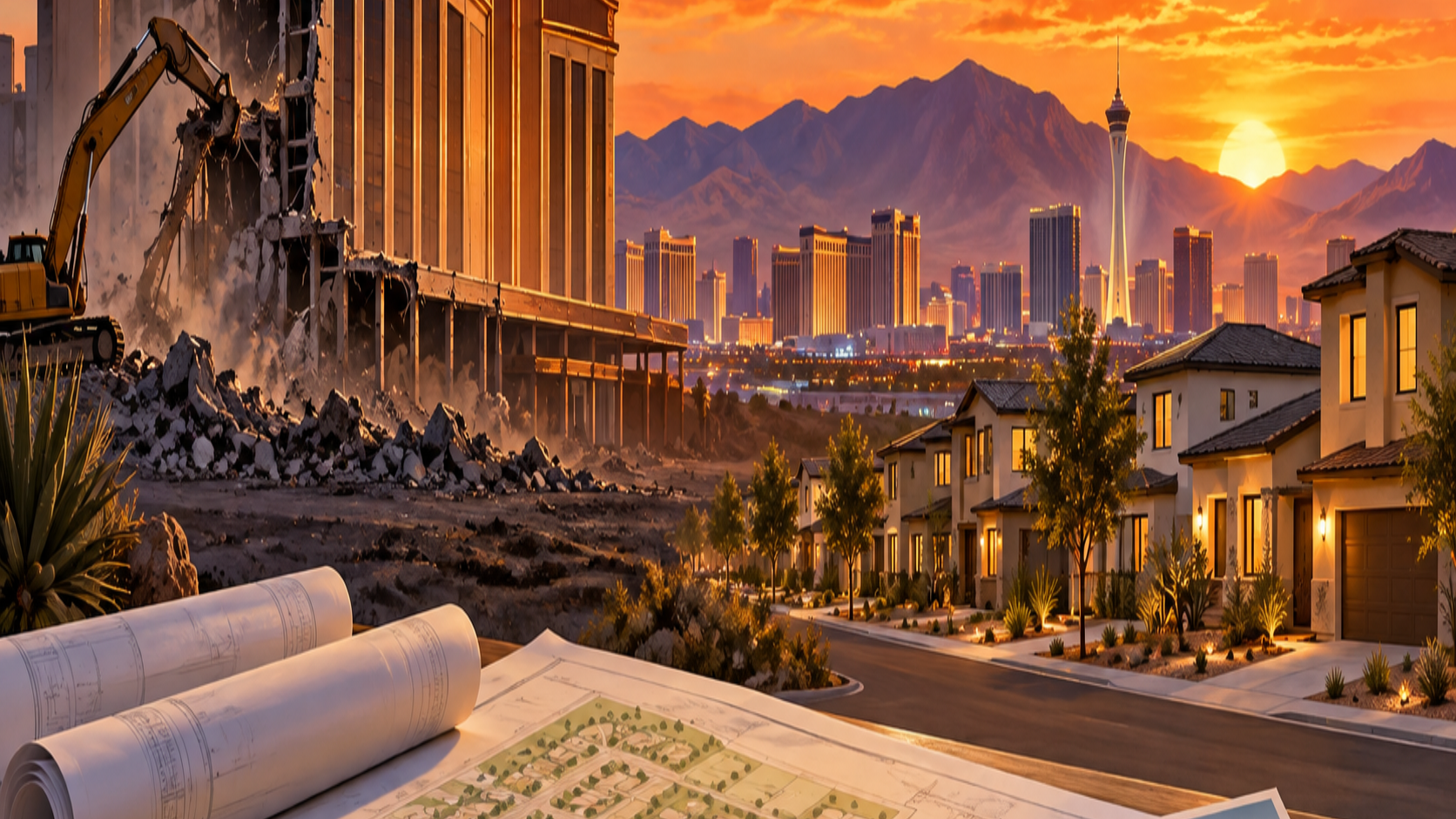 Editorial illustration of a former casino site, Las Vegas housing development, and property approvals