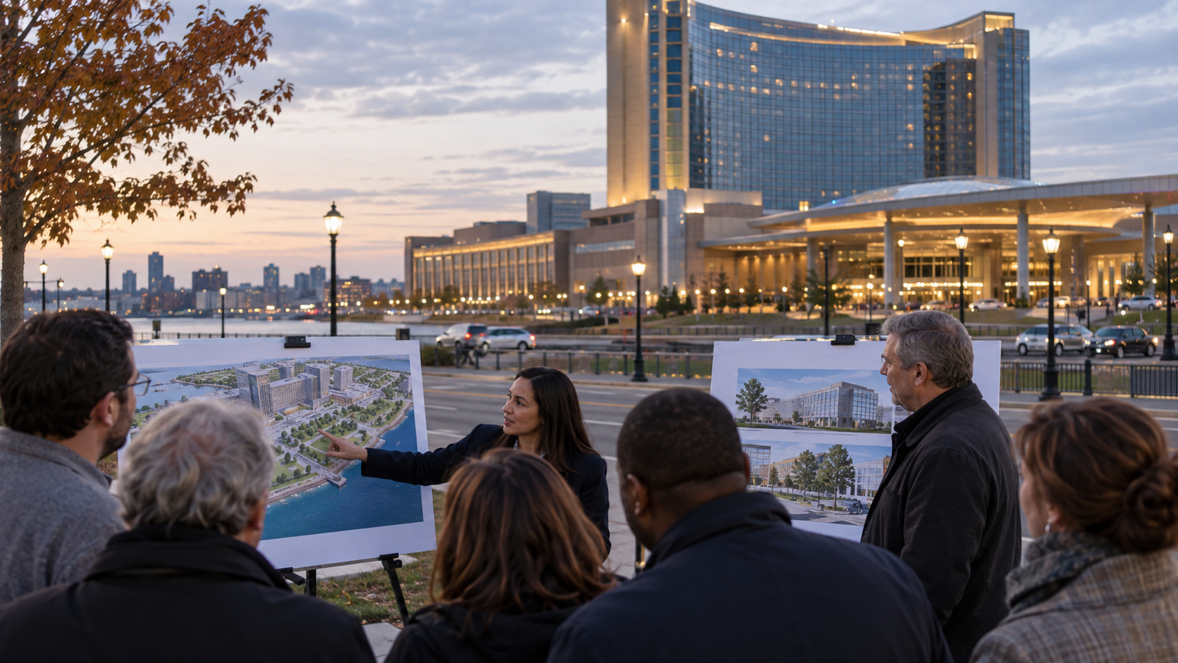 Editorial illustration of a casino labor dispute, city government, and a Massachusetts resort