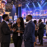 Editorial illustration of a G2E gaming event, industry networking, and a Las Vegas expo hall