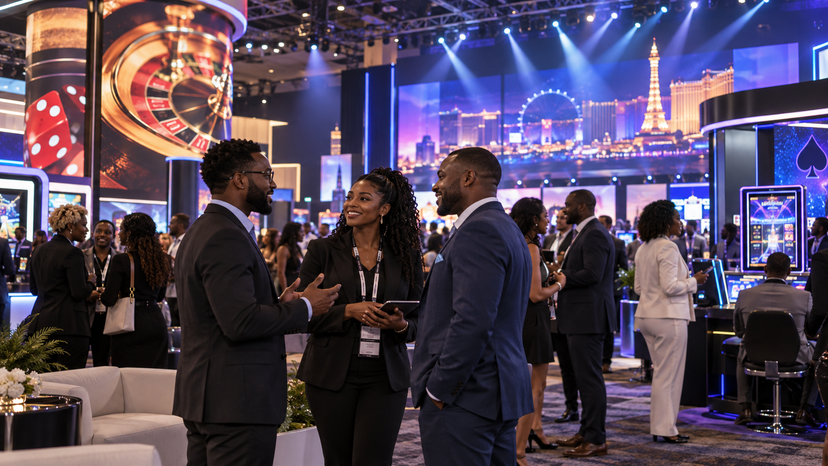 Editorial illustration of a G2E gaming event, industry networking, and a Las Vegas expo hall