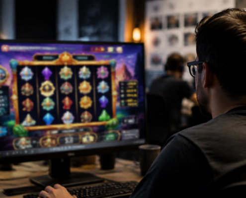 Editorial illustration of online casino game technology and digital distribution