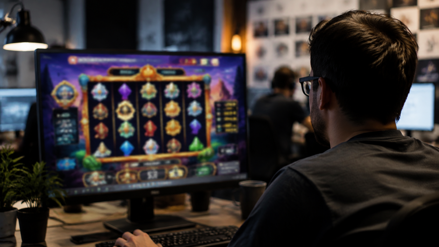 Editorial illustration of online casino game technology and digital distribution