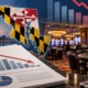 Editorial illustration of Maryland casino revenue data with a state map and monthly report