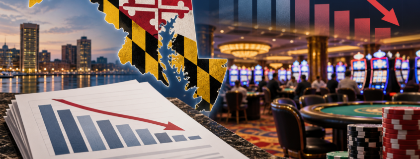 Editorial illustration of Maryland casino revenue data with a state map and monthly report