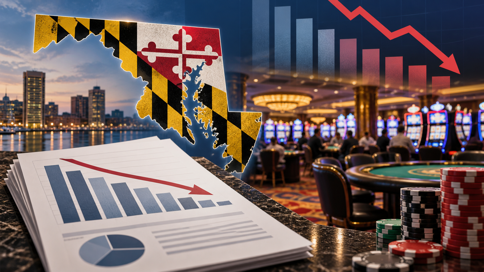 Editorial illustration of Maryland casino revenue data with a state map and monthly report