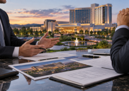 Editorial illustration of a Massachusetts casino acquisition discussion