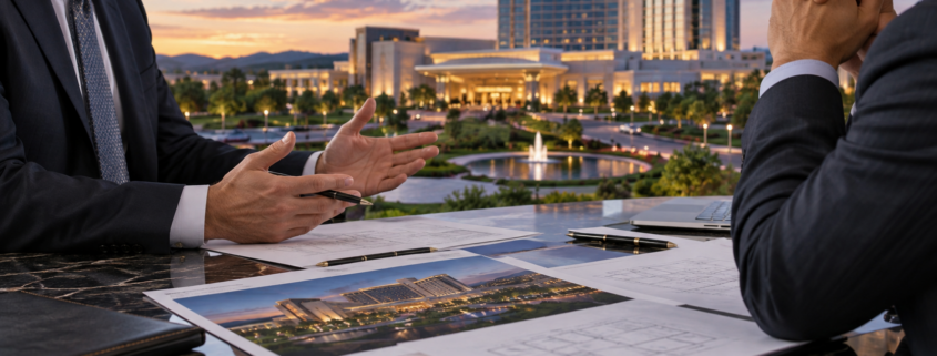 Editorial illustration of a Massachusetts casino acquisition discussion
