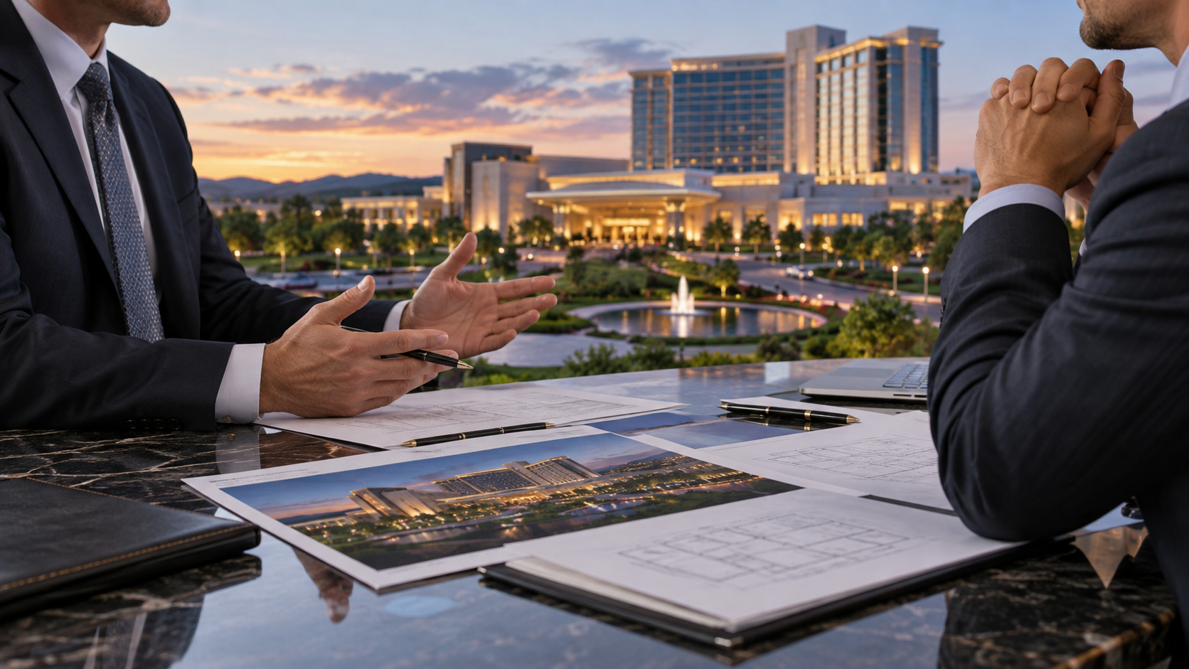Editorial illustration of a Massachusetts casino acquisition discussion