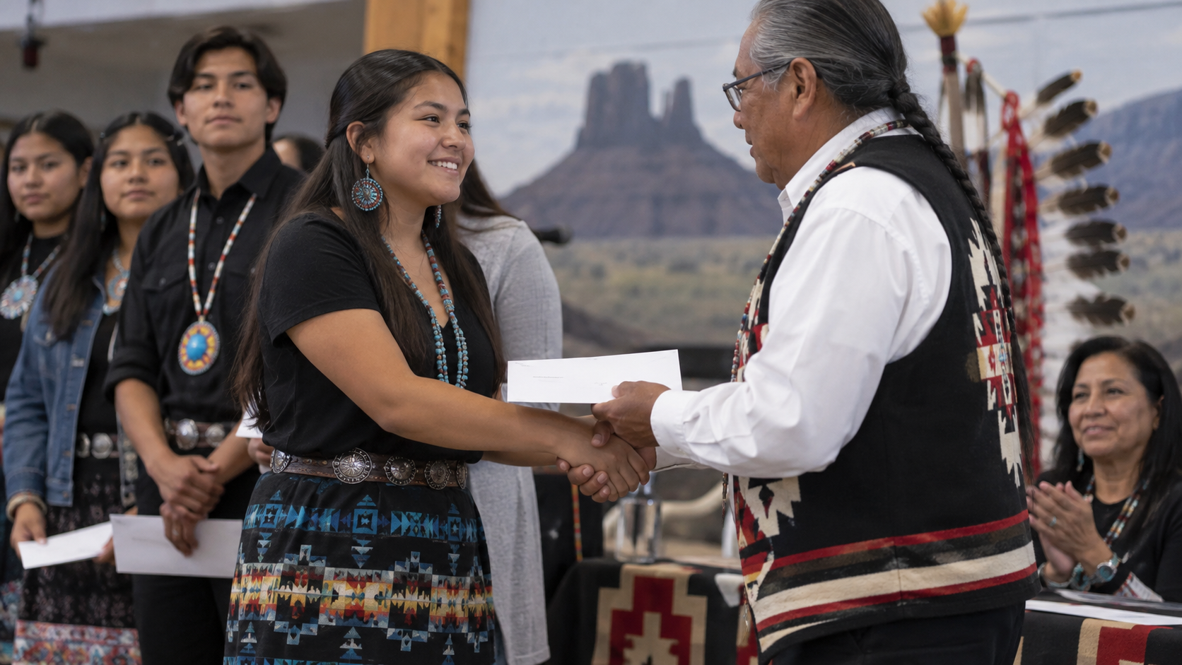 Editorial illustration of a tribal community scholarship presentation for students