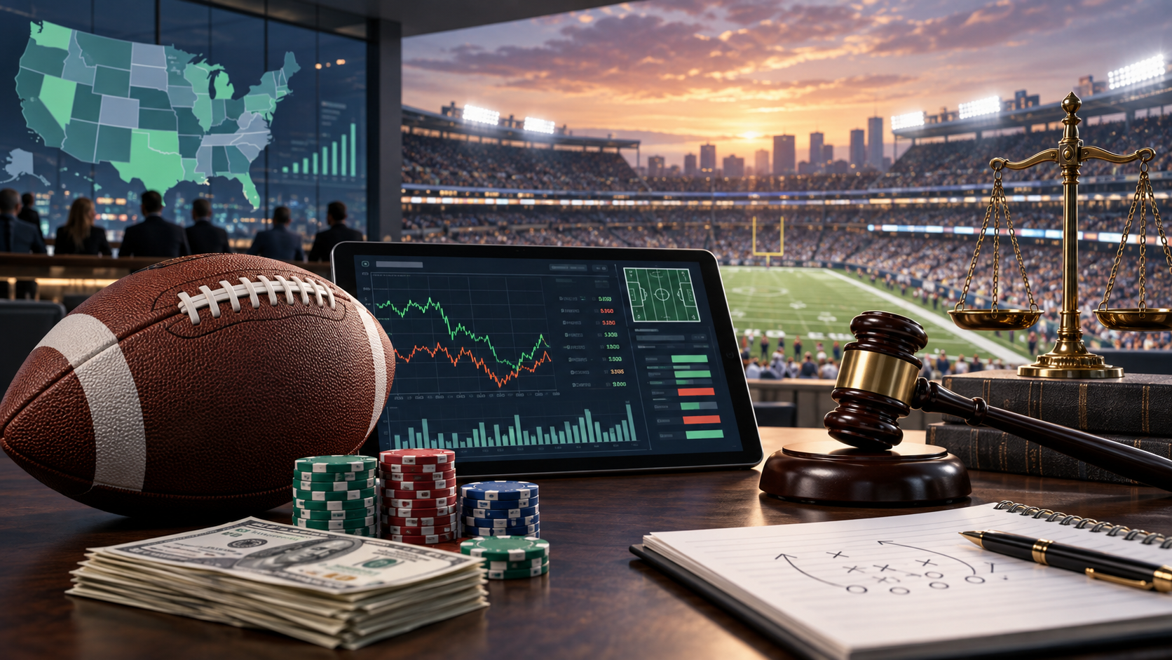 Editorial illustration of NFL betting market data, a football season, and legal wagering analysis