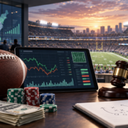 Editorial illustration of NFL betting market data, a football season, and legal wagering analysis