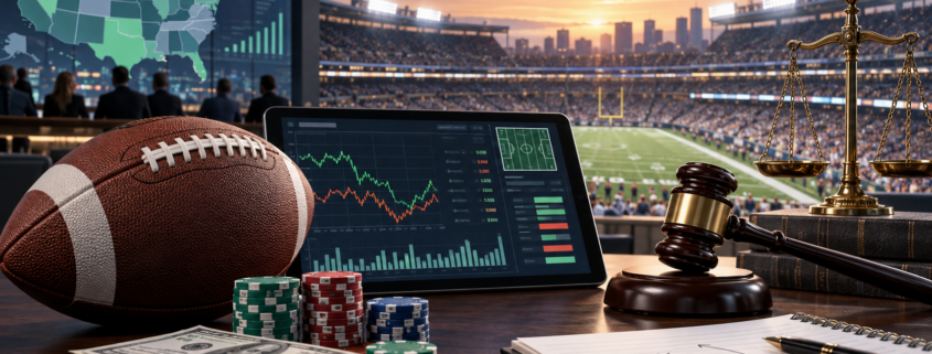 Editorial illustration of NFL betting market data, a football season, and legal wagering analysis