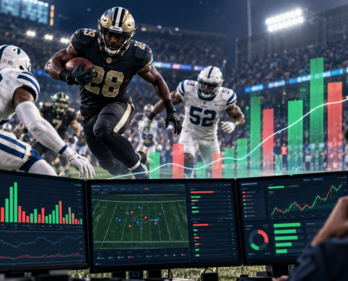 Editorial illustration of an NFL betting market report and sportsbook odds board