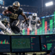 Editorial illustration of an NFL betting market report and sportsbook odds board