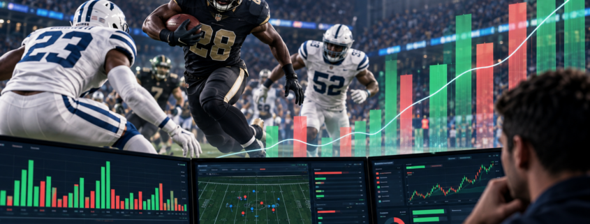 Editorial illustration of an NFL betting market report and sportsbook odds board