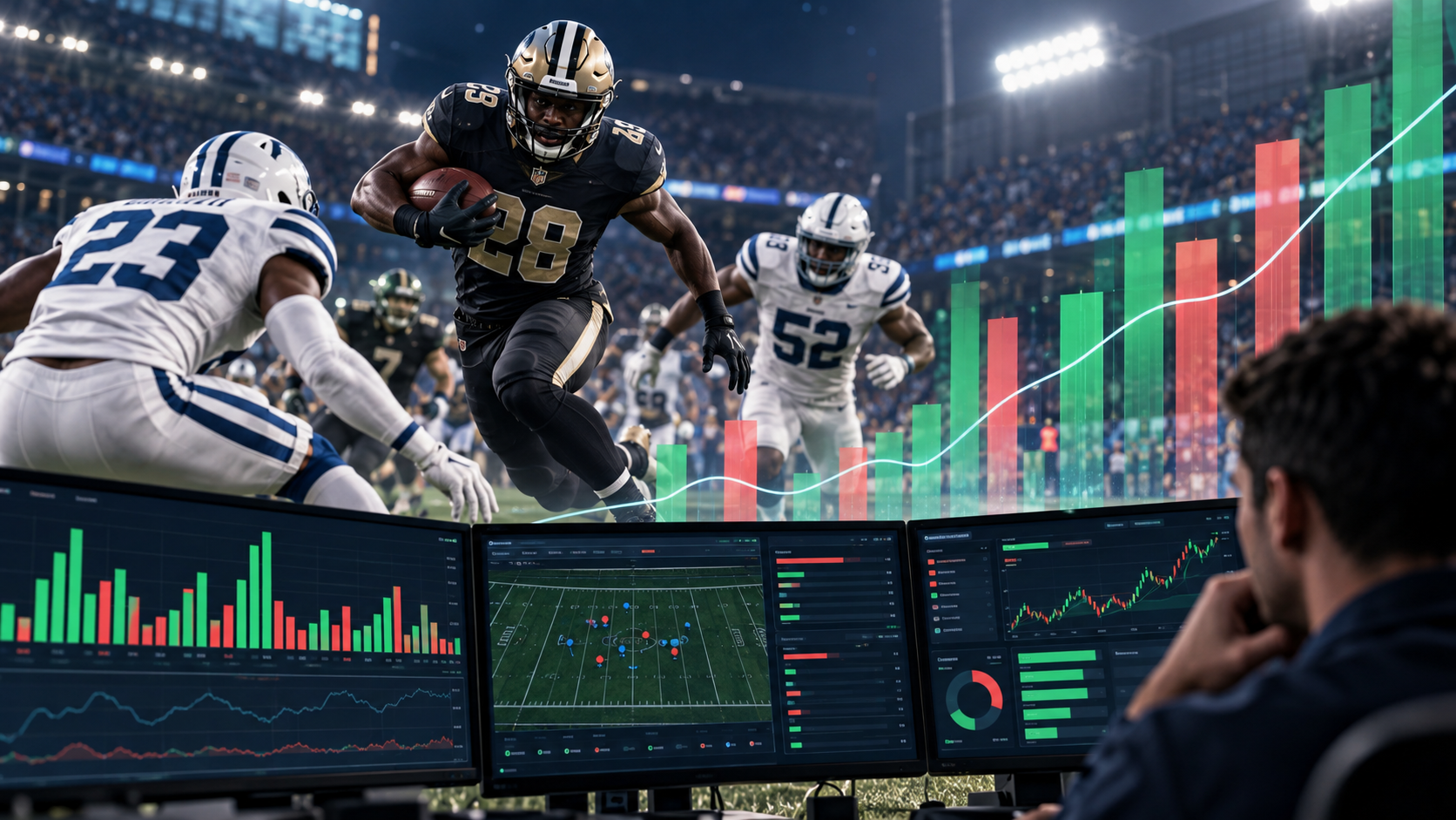 Editorial illustration of an NFL betting market report and sportsbook odds board