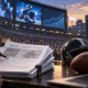 Editorial illustration of NFL advertising policy, prediction markets, and sports media screens