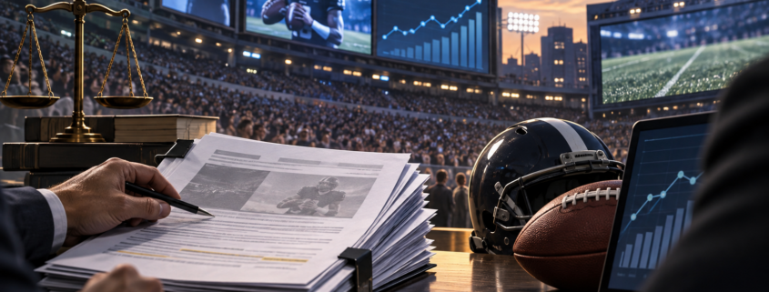 Editorial illustration of NFL advertising policy, prediction markets, and sports media screens