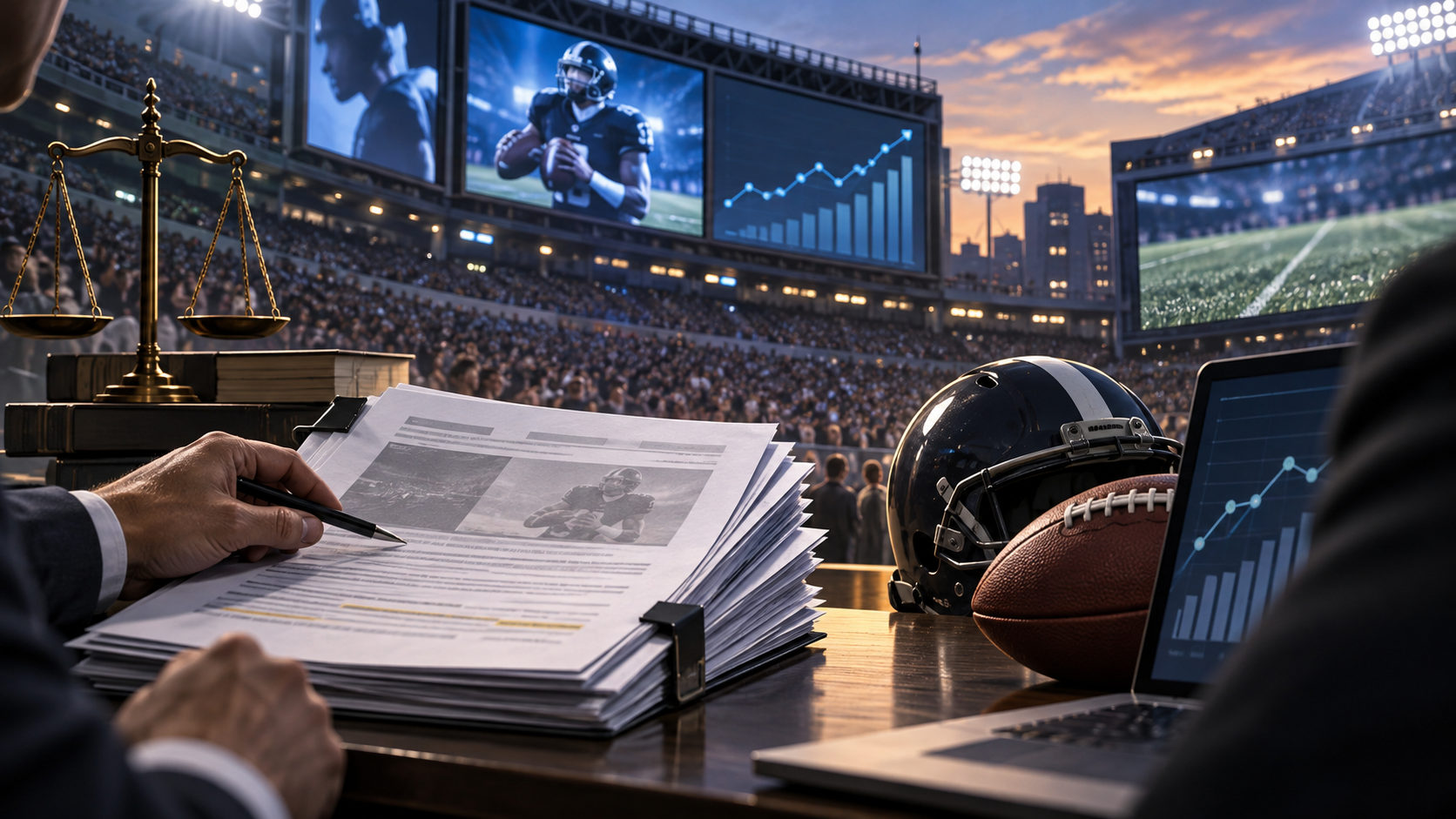 Editorial illustration of NFL advertising policy, prediction markets, and sports media screens