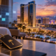 Editorial illustration of Las Vegas room rates, casino hospitality, and tourism market data