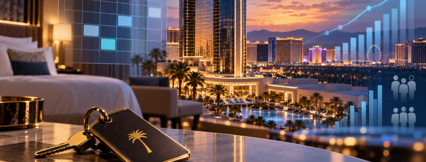 Editorial illustration of Las Vegas room rates, casino hospitality, and tourism market data