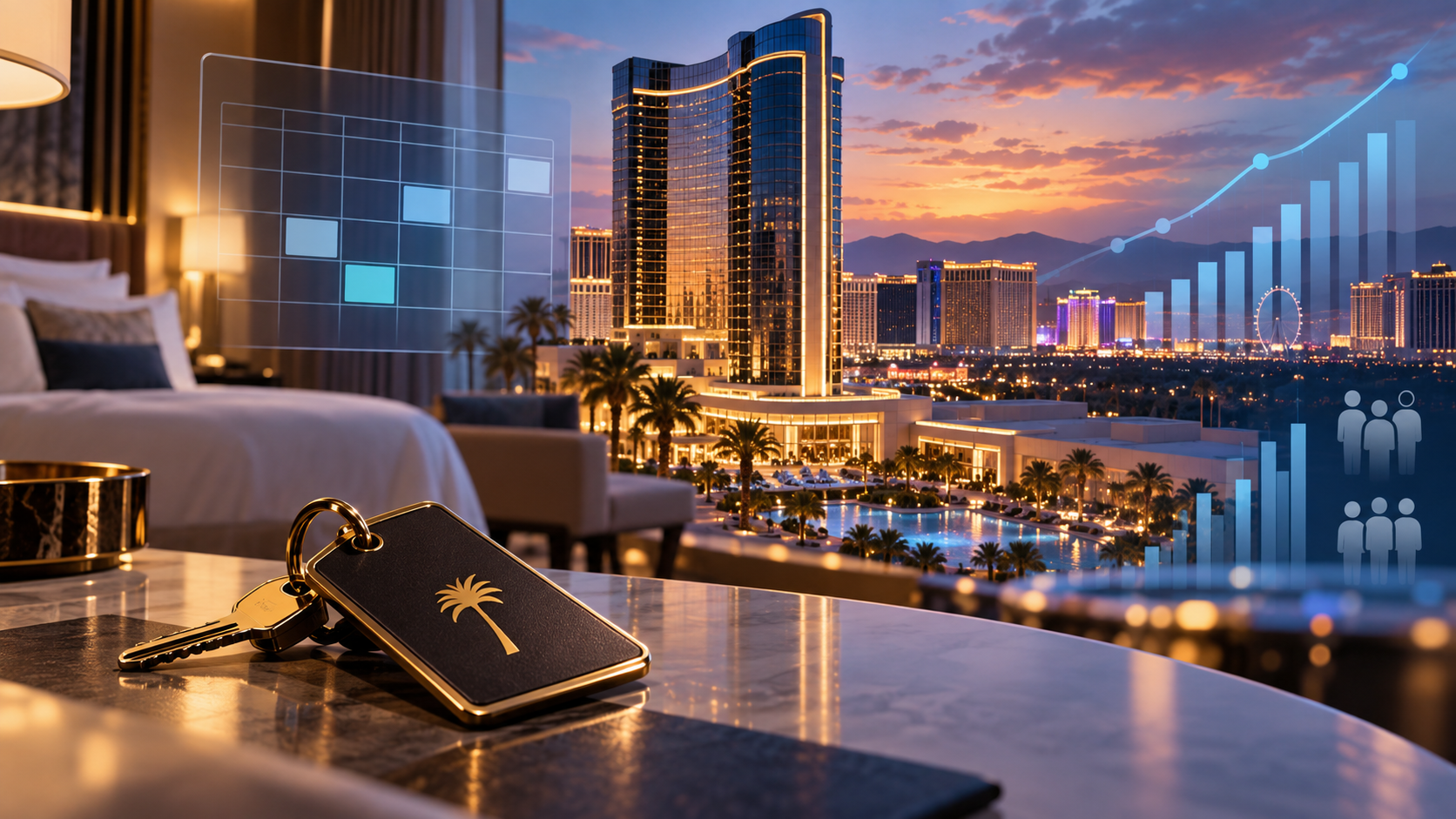 Editorial illustration of Las Vegas room rates, casino hospitality, and tourism market data