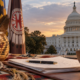 Editorial illustration of tribal gaming legislation, the US Capitol, and policy documents
