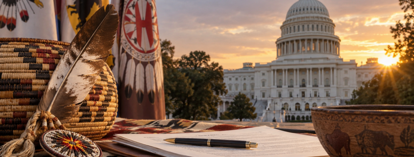 Editorial illustration of tribal gaming legislation, the US Capitol, and policy documents