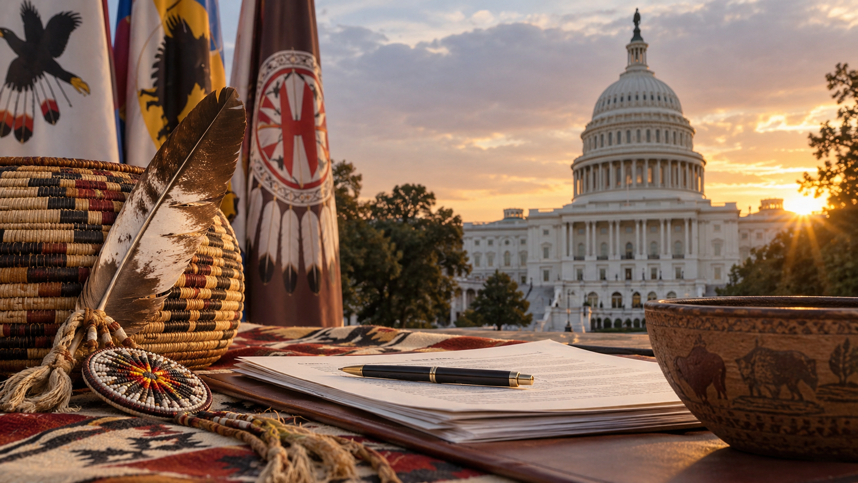 Editorial illustration of tribal gaming legislation, the US Capitol, and policy documents