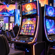 Editorial illustration of unbranded casino video-slot cabinets at a trade show