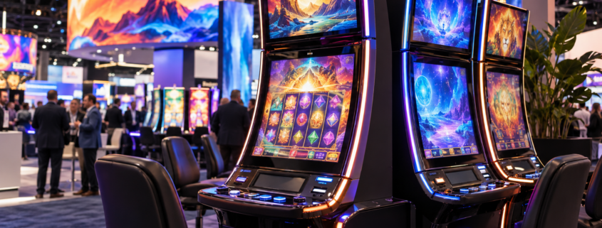 Editorial illustration of unbranded casino video-slot cabinets at a trade show