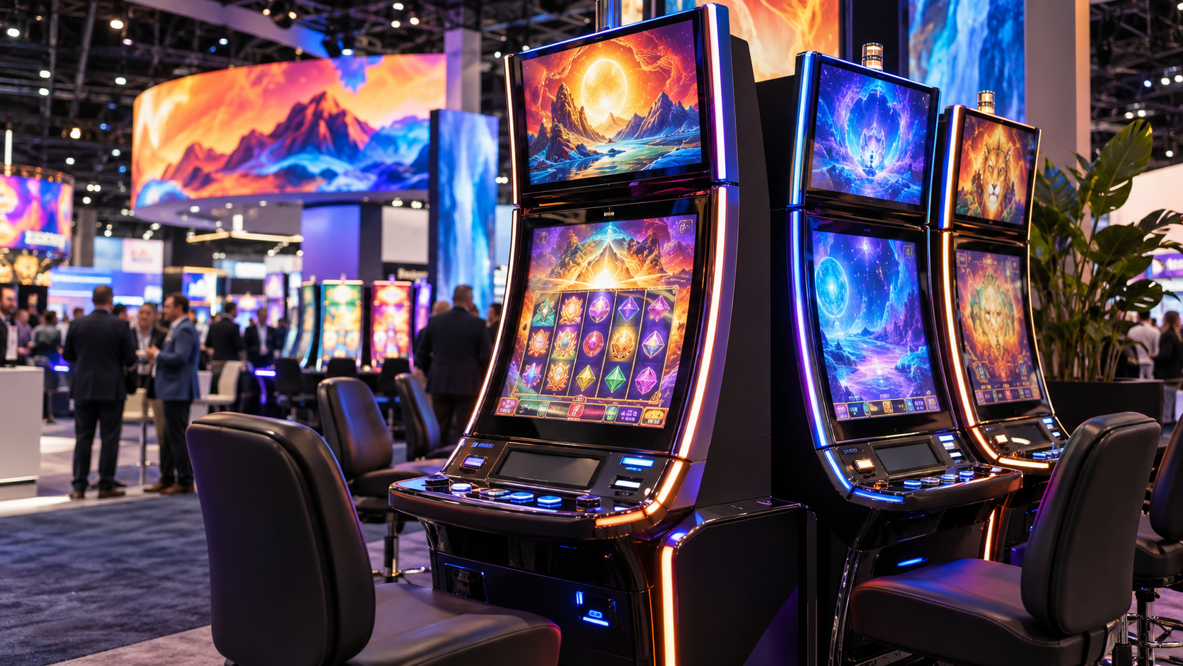 Editorial illustration of unbranded casino video-slot cabinets at a trade show