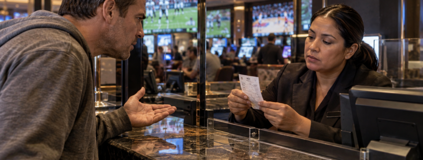 Editorial illustration of a disputed sportsbook ticket and casino security