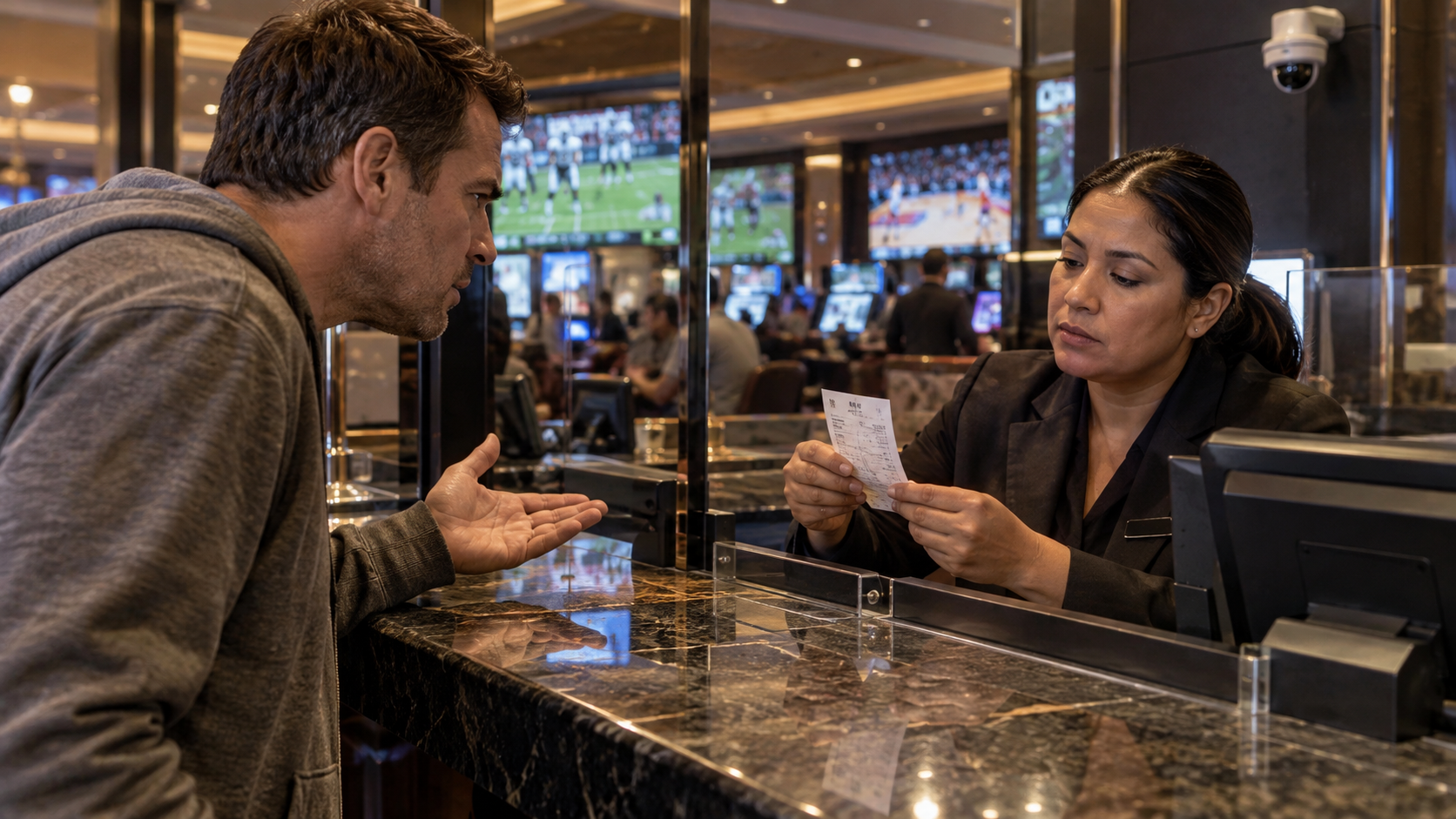 Editorial illustration of a disputed sportsbook ticket and casino security